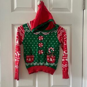 Holiday Elf Festive Red and Green Christmas Sweater with Hood & Pompom